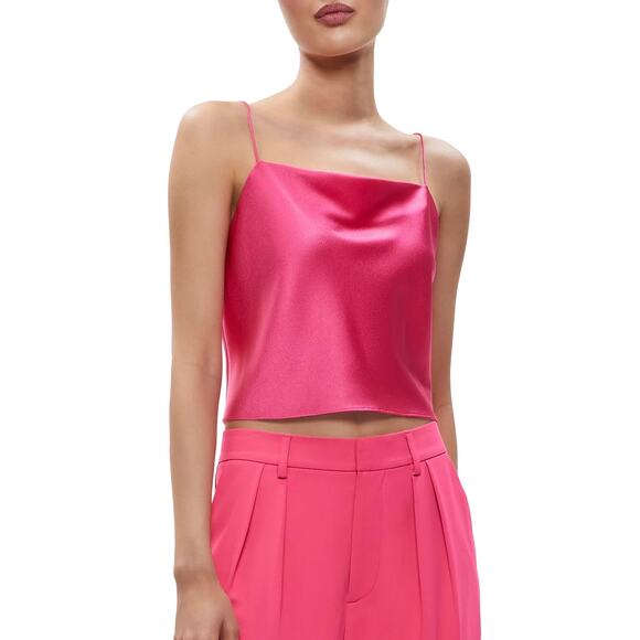 Alice + Olivia Harmon Candy Pink Satin Cami Top Sz Medium Cropped Cowl Neck Tank - Picture 1 of 16